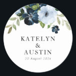 navy & light blue floral wedding runder aufkleber<br><div class="desc">navy and light blue floral wedding sticker. The text details and colors can be edited.</div>