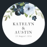 navy & light blue floral wedding runder aufkleber<br><div class="desc">navy and light blue floral wedding sticker. The text details and colors can be edited.</div>