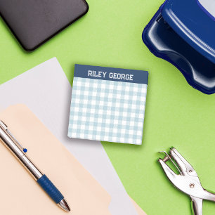 Navy & Light Blue Gingham Varsity Letters Name Post-it Klebezettel