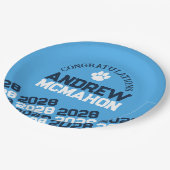 Navy & Light Blue Pawprint Halbwiederholter Abschl Pappteller (Schrägansicht)