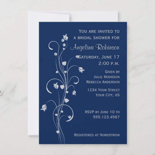 Navy Light Gray Floral Design Brautparty laden ein Einladung (Vorderseite)