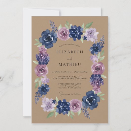 Navy-Lila-Blumen-Hochzeit Einladung (Vorderseite)