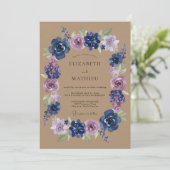 Navy-Lila-Blumen-Hochzeit Einladung (Stehend Vorderseite)
