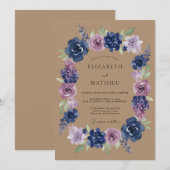 Navy-Lila-Blumen-Hochzeit Einladung (Vorne/Hinten)