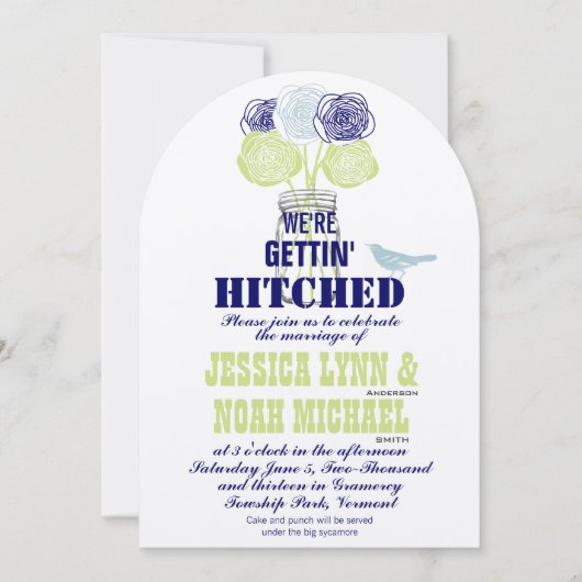 Navy, Limon Rustic Blue Romantische Rose Mason Jar Einladung (Vorderseite)