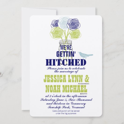 Navy, Limon Rustic Blue Romantische Rose Mason Jar Einladung (Vorderseite)