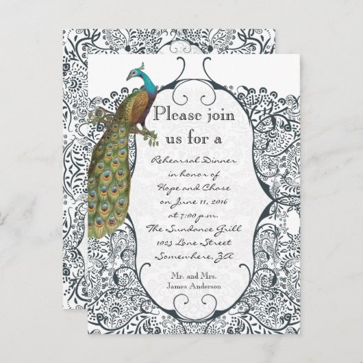 Navy Love Bird Damask Probe Einladung (Vorne/Hinten)