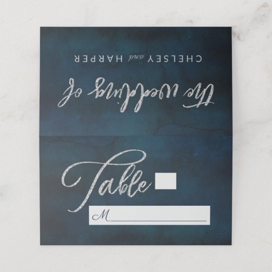 Navy Luster Dark Blue Seating Wedding Tischnummer Platzkarte (Außenseite Aufgefaltet)