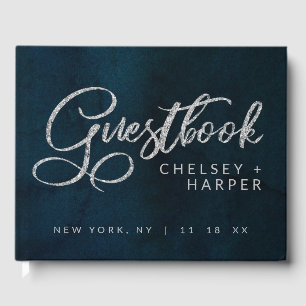 Navy Luster Dark Blue Silver Watercolor Wedding Gästebuch
