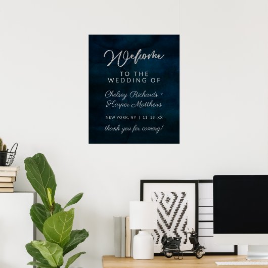 Navy Luster Dark Blue Silver Wedding Begrüßungszei Poster (Heimbüro)