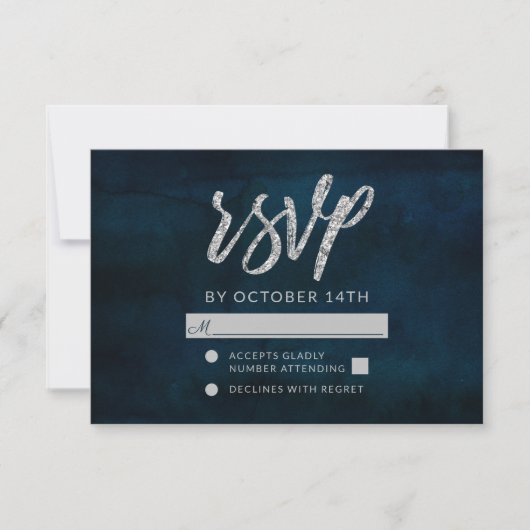 Navy Luster Dark Blue Silver Wedding RSVP Reaktion (Vorderseite)