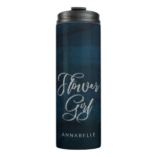 Navy-Luster-Dunkelblau-Silber-Monogramm-Blumenmädc Thermosbecher
