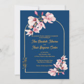 Navy Magnolia Floral Photo Wedding Invitation (Vorderseite)