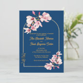 Navy Magnolia Floral Photo Wedding Invitation (Stehend Vorderseite)