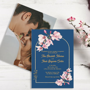 Navy-Magnolie-Blumen-Hochzeitseinladung mit Foto