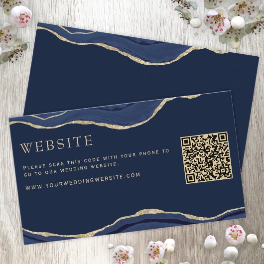 Navy Marble Agate Gold Glitzer Wedding Website QR Begleitkarte