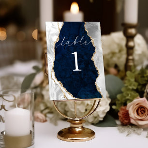 Navy Marble, Weiß & Gold Achat Tischkarte Tischnummer