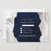 Navy Marble, White & Gold Agate Wedding RSVP Einladung (Vorderseite)