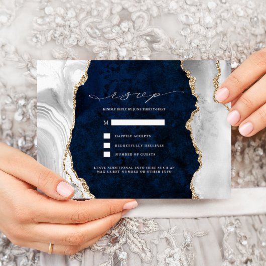 Navy Marble, White & Gold Agate Wedding RSVP Einladung
