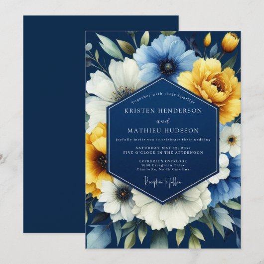 Navy Marigold Luminous Wedding Einladung (Vorne/Hinten)
