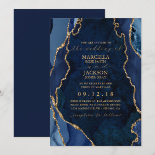 Navy-Marmor- und Gold-Achat-Hochzeitseinladung Einladung