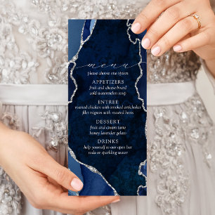 Navy-Marmor- und Silber-Achat-Hochzeitsmenü Werbekarte