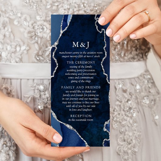 Navy-Marmor- und Silber-Achat-Hochzeitsprogramm Werbekarte