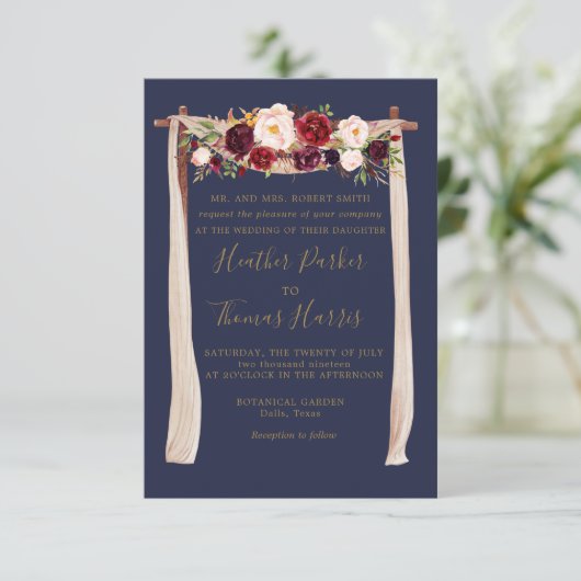 Navy Masala Watercolor Blumengestein Boho Hochzeit Einladung (Stehend Vorderseite)