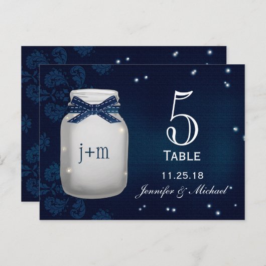 Navy Mason Jar mit Tischnummer Cards von Fireflies (Vorne/Hinten)