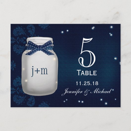 Navy Mason Jar mit Tischnummer Cards von Fireflies (Vorderseite)