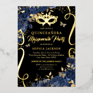 Navy Masquerade Floral Butterfly Quinceanera Folieneinladung