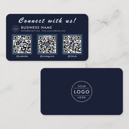 Navy Midnight Blau 3 QR Code Multi Social Visitenkarte (Vorne/Hinten)