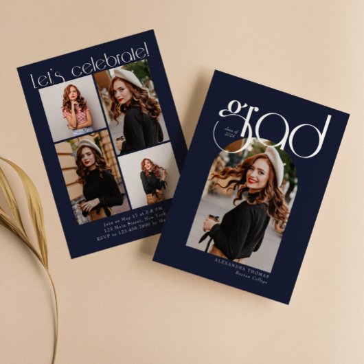 Navy Minimalistisch Modern Arch 5 Fotos Abschluss Einladung