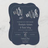 Navy Minimalistisch Silver Foil Script Mr. Wedding Einladung (Vorne/Hinten)