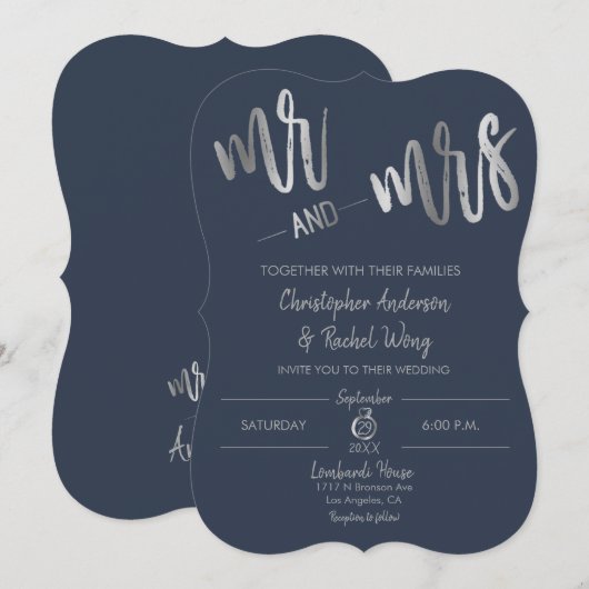Navy Minimalistisch Silver Foil Script Mr. Wedding Einladung (Vorne/Hinten)