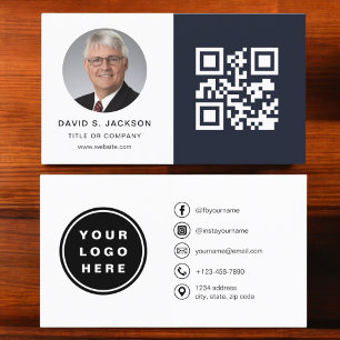 Navy Minimalistisches Foto QR Code Social Media Visitenkarte