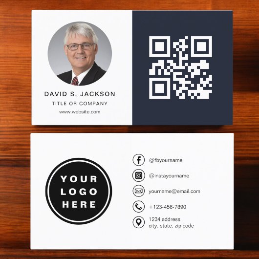 Navy Minimalistisches Foto QR Code Social Media Visitenkarte