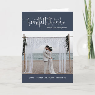 Navy Minimalistisches Skript Hochzeit Foto geklapp Dankeskarte