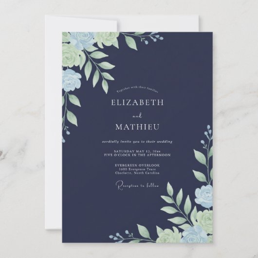 Navy-Mint-Blumenhochzeit Einladung (Vorderseite)