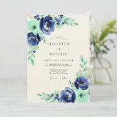 Navy Mint Botanischer Hochzeitsglück Einladung (Stehend Vorderseite)