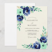 Navy Mint Botanischer Hochzeitsglück Einladung (Vorne/Hinten)