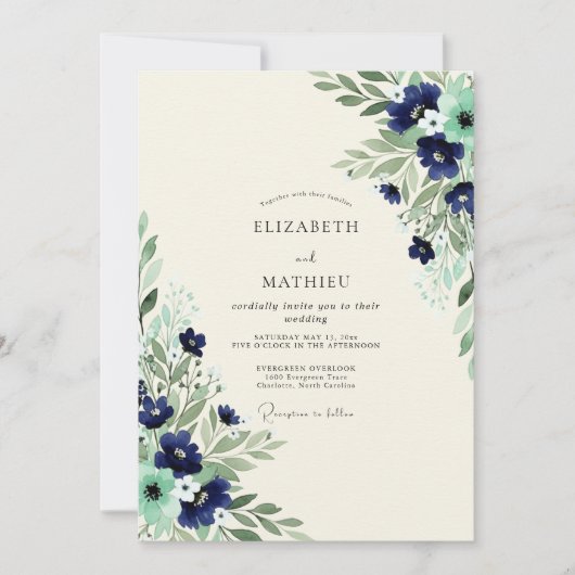 Navy Mint Exquisite Botanical Wedding Einladung (Vorderseite)