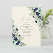 Navy Mint Exquisite Botanical Wedding Einladung (Stehend Vorderseite)