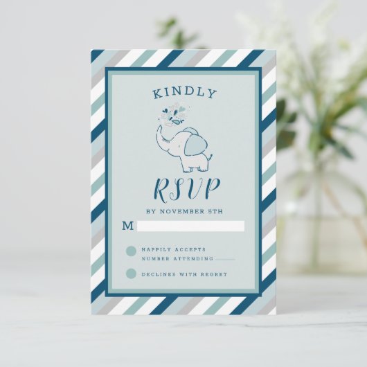 Navy Mint & Grau Niedlich Elephant Baby Girl UAWG RSVP Karte (Stehend Vorderseite)