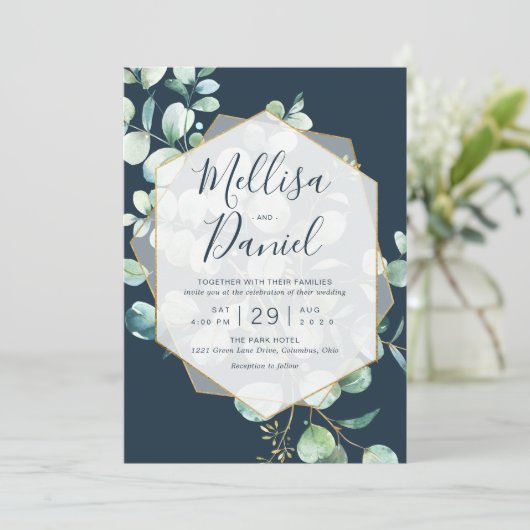 Navy & Mint Greenery mit geometrischem Rahmen Einladung (Stehend Vorderseite)