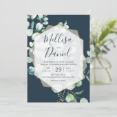 Navy & Mint Greenery mit geometrischem Rahmen Einladung (Stehend Vorderseite)