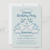 Navy & Mint Niedlich Elephant Virtual Birthday Par Einladung (Vorderseite)