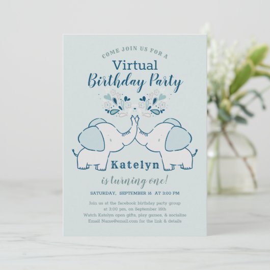 Navy & Mint Niedlich Elephant Virtual Birthday Par Einladung (Stehend Vorderseite)