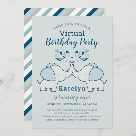 Navy & Mint Niedlich Elephant Virtual Birthday Par Einladung (Vorne/Hinten)