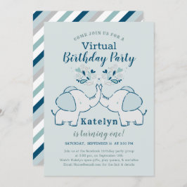 Navy & Mint Niedlich Elephant Virtual Birthday Par Einladung